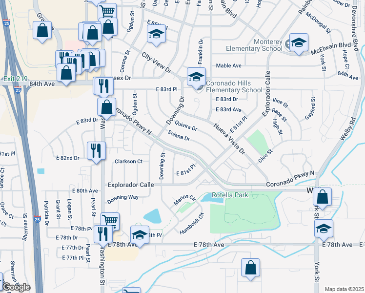 map of restaurants, bars, coffee shops, grocery stores, and more near 1288 Coronado Parkway North in Denver