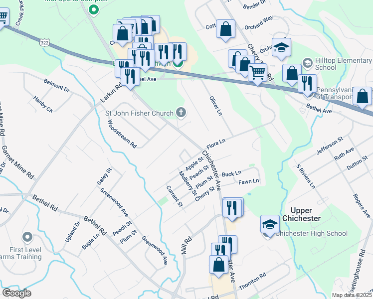 map of restaurants, bars, coffee shops, grocery stores, and more near 4116 Sophia Lane in Boothwyn