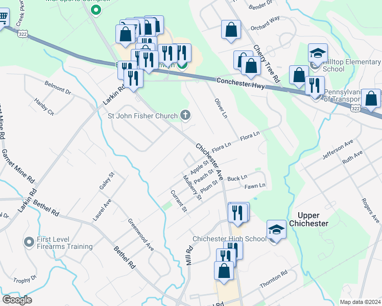 map of restaurants, bars, coffee shops, grocery stores, and more near 4116 Sophia Lane in Boothwyn
