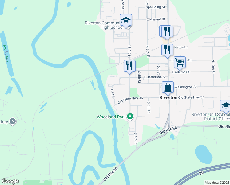 map of restaurants, bars, coffee shops, grocery stores, and more near 158-162 1st Street in Riverton