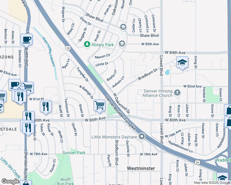 map of restaurants, bars, coffee shops, grocery stores, and more near 8091 Bradburn Drive in Westminster