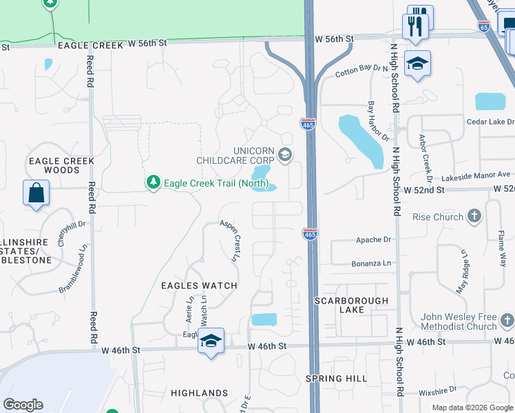 map of restaurants, bars, coffee shops, grocery stores, and more near 5136 Stanhope Lane in Indianapolis