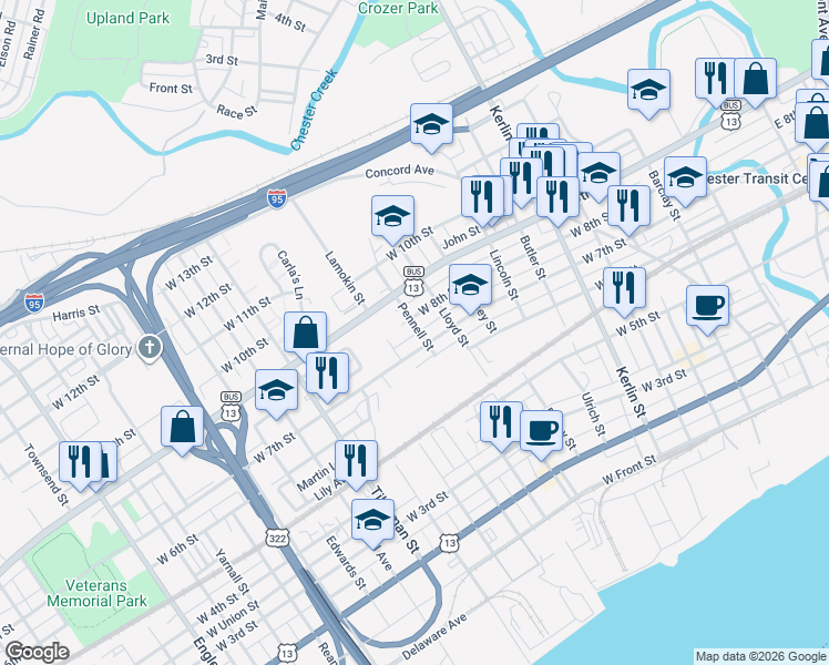 map of restaurants, bars, coffee shops, grocery stores, and more near 1206 West 7th Street in Chester