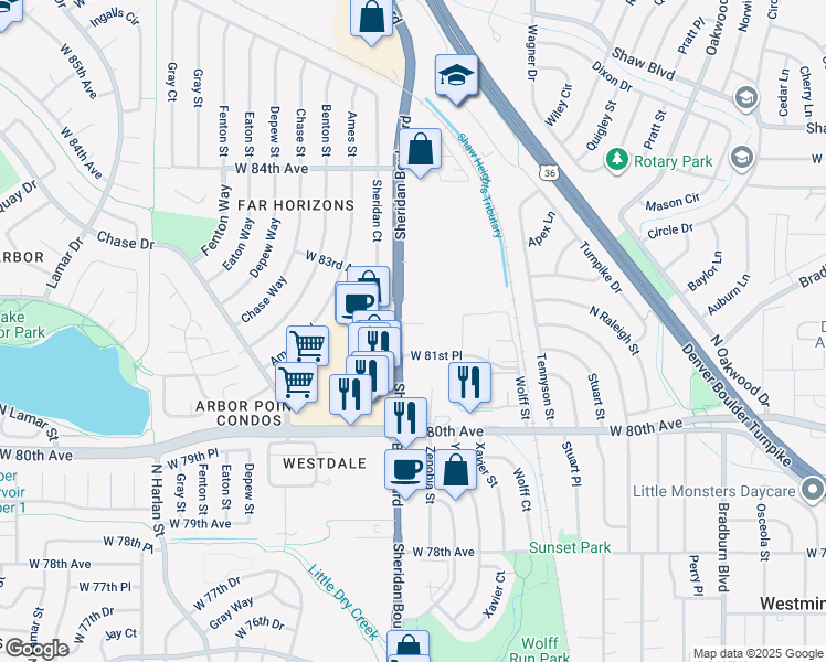 map of restaurants, bars, coffee shops, grocery stores, and more near 8140 Sheridan Boulevard in Westminster