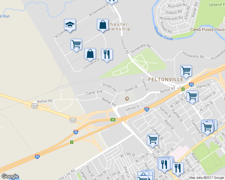 map of restaurants, bars, coffee shops, grocery stores, and more near 2914 Carter Avenue in Chester