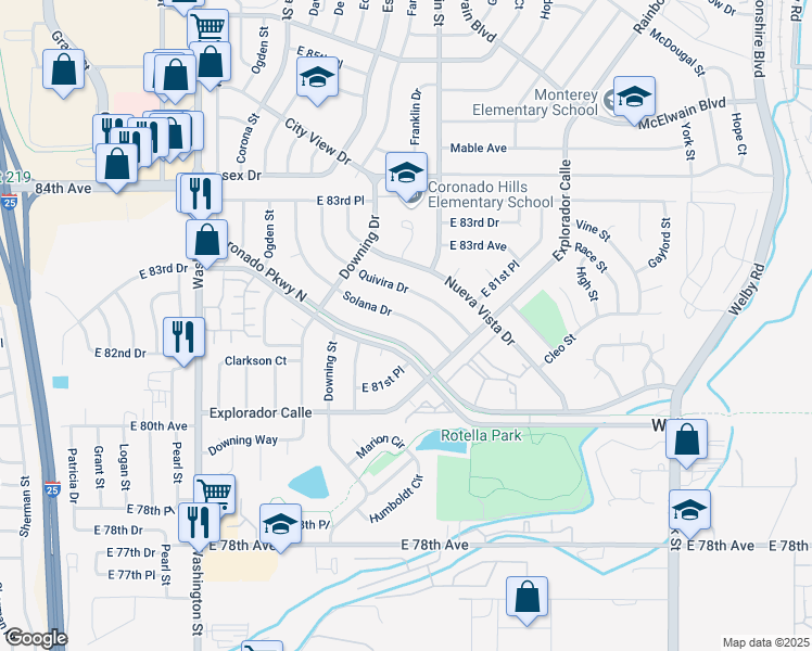 map of restaurants, bars, coffee shops, grocery stores, and more near 1429 Coronado Parkway North in Denver