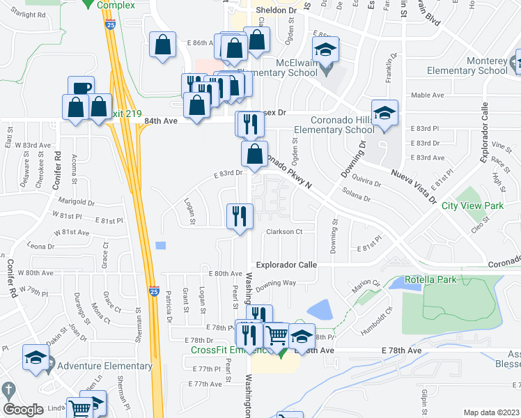 map of restaurants, bars, coffee shops, grocery stores, and more near 8120 Washington Street in Welby