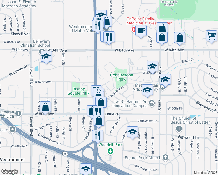 map of restaurants, bars, coffee shops, grocery stores, and more near 2923 West 81st Avenue in Westminster