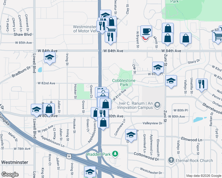 map of restaurants, bars, coffee shops, grocery stores, and more near 2909 West 81st Avenue in Westminster