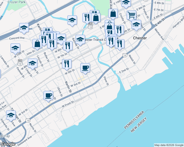 map of restaurants, bars, coffee shops, grocery stores, and more near 308 West 3rd Street in Chester