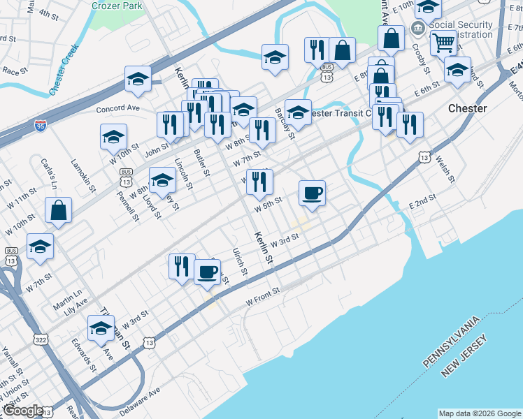 map of restaurants, bars, coffee shops, grocery stores, and more near 353 Kerlin Street in Chester