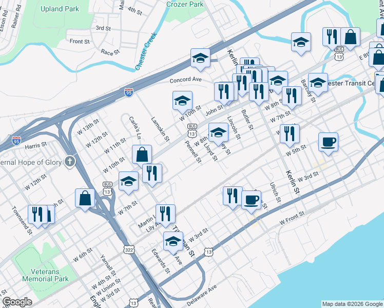 map of restaurants, bars, coffee shops, grocery stores, and more near 1206 West 7th Street in Chester