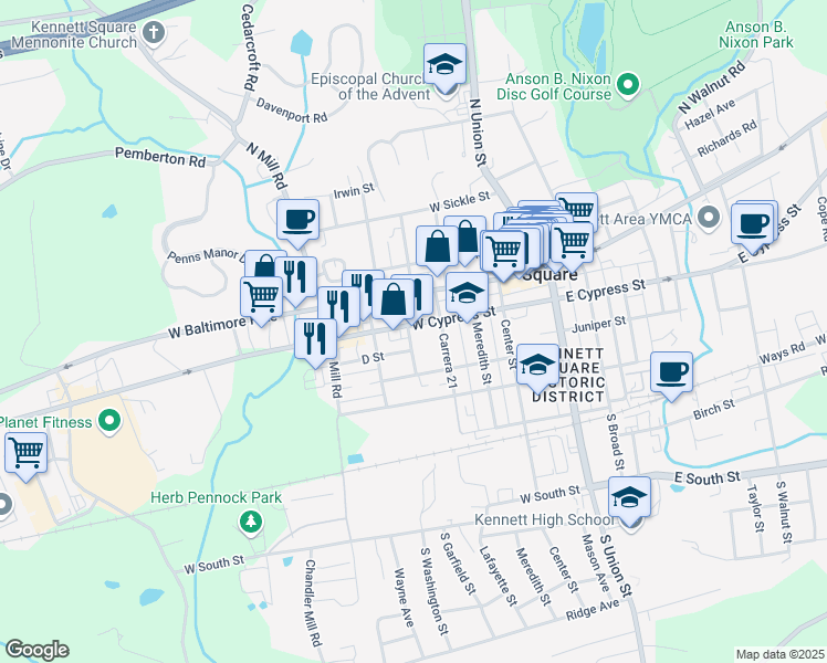 map of restaurants, bars, coffee shops, grocery stores, and more near 210 South Garfield Street in Kennett Square