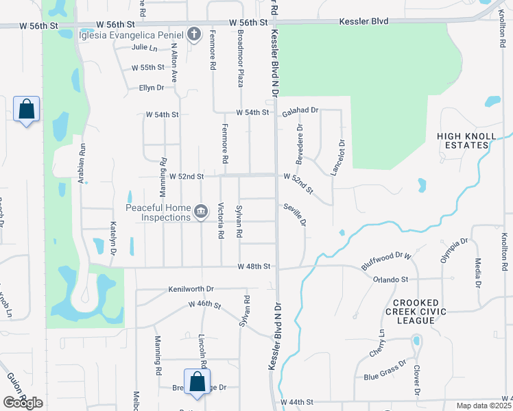 map of restaurants, bars, coffee shops, grocery stores, and more near 5014 West Kessler Boulevard North Drive in Indianapolis