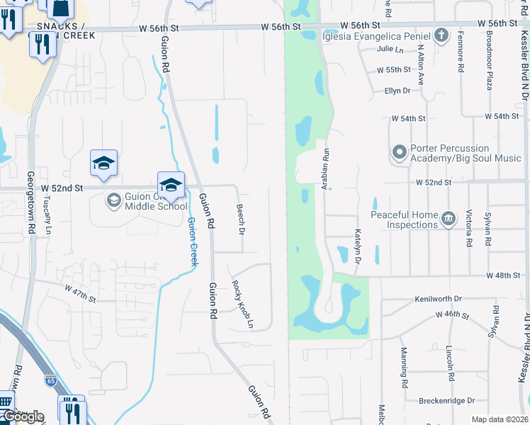 map of restaurants, bars, coffee shops, grocery stores, and more near 5040 Shadow Pointe Drive in Indianapolis