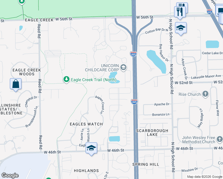 map of restaurants, bars, coffee shops, grocery stores, and more near 5136 Stanhope Lane in Indianapolis