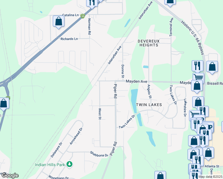 map of restaurants, bars, coffee shops, grocery stores, and more near 3159-3217 Devereux Heights Road in Springfield
