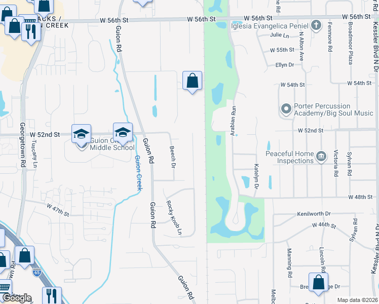 map of restaurants, bars, coffee shops, grocery stores, and more near 5040 Shadow Pointe Drive in Indianapolis