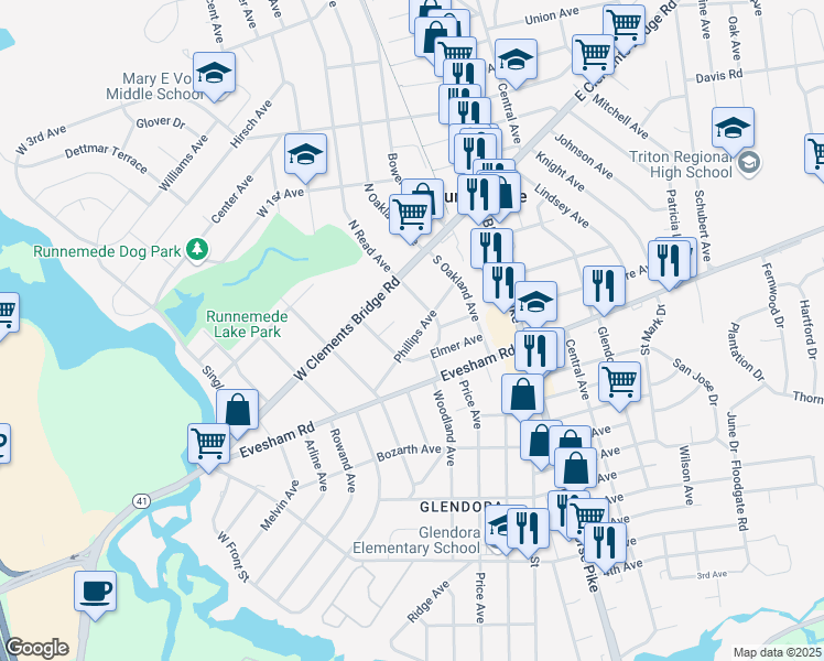 map of restaurants, bars, coffee shops, grocery stores, and more near 228 Phillips Avenue in Runnemede