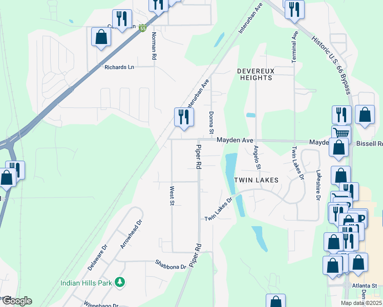 map of restaurants, bars, coffee shops, grocery stores, and more near 3159-3217 Devereux Heights Road in Springfield