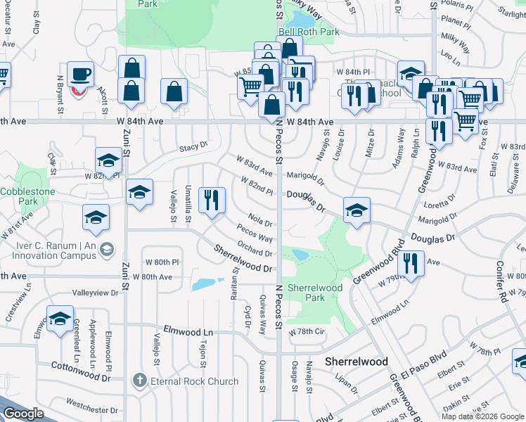 map of restaurants, bars, coffee shops, grocery stores, and more near 8146 Nola Drive in Denver