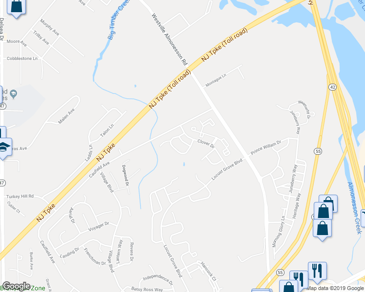 map of restaurants, bars, coffee shops, grocery stores, and more near 112 Carriage Way in Deptford Township