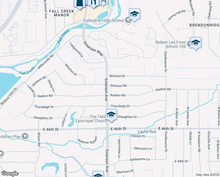 map of restaurants, bars, coffee shops, grocery stores, and more near 5102 Radnor Road in Indianapolis