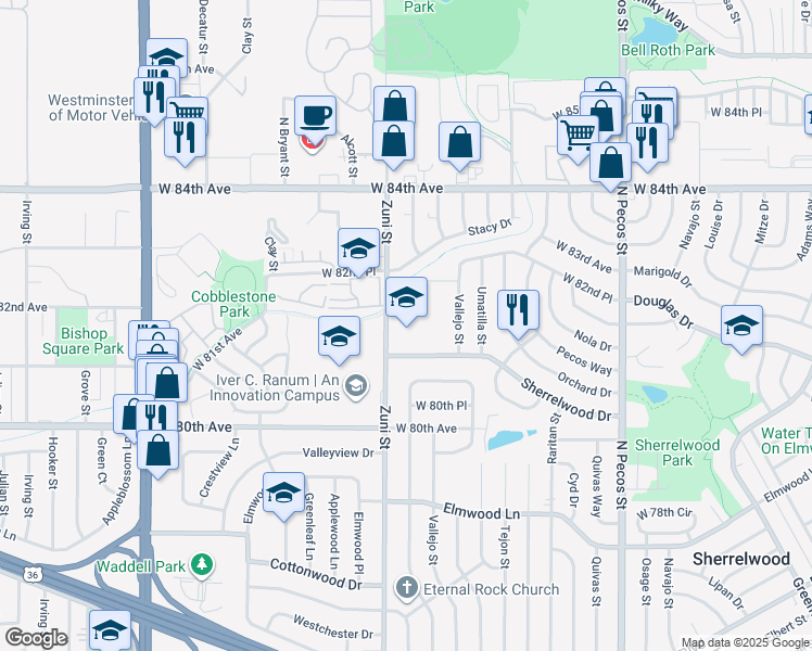 map of restaurants, bars, coffee shops, grocery stores, and more near 2341 Sherrelwood Drive in Denver