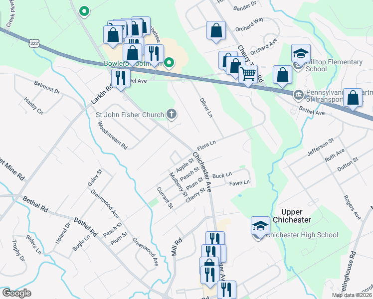 map of restaurants, bars, coffee shops, grocery stores, and more near in Delaware County