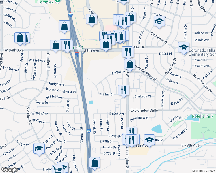 map of restaurants, bars, coffee shops, grocery stores, and more near 8145 Pennsylvania Street in Denver