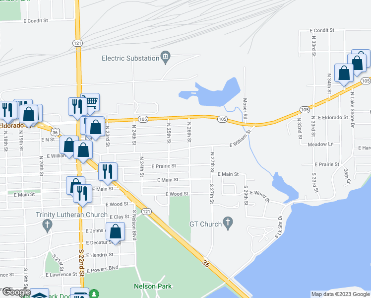 map of restaurants, bars, coffee shops, grocery stores, and more near 2541 East William Street in Decatur