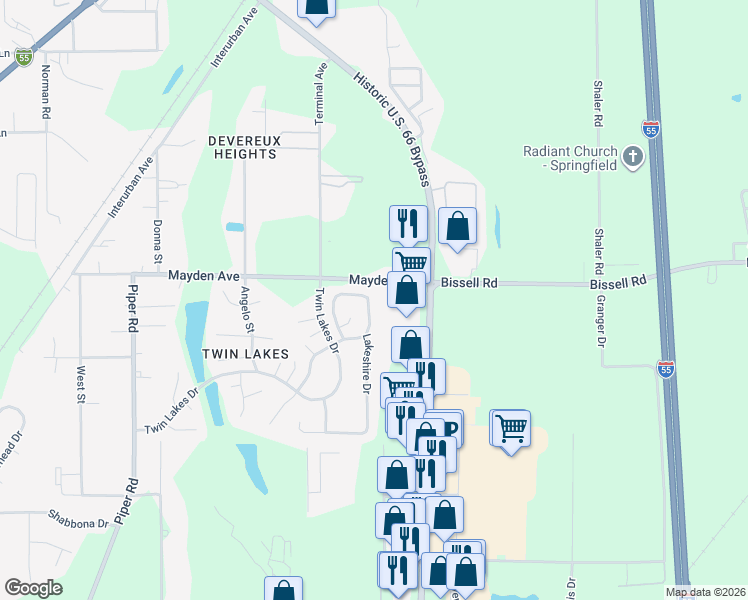 map of restaurants, bars, coffee shops, grocery stores, and more near 3125 Lakeshire Drive in Springfield