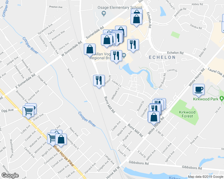 map of restaurants, bars, coffee shops, grocery stores, and more near 408 Lucas Lane in Voorhees Township