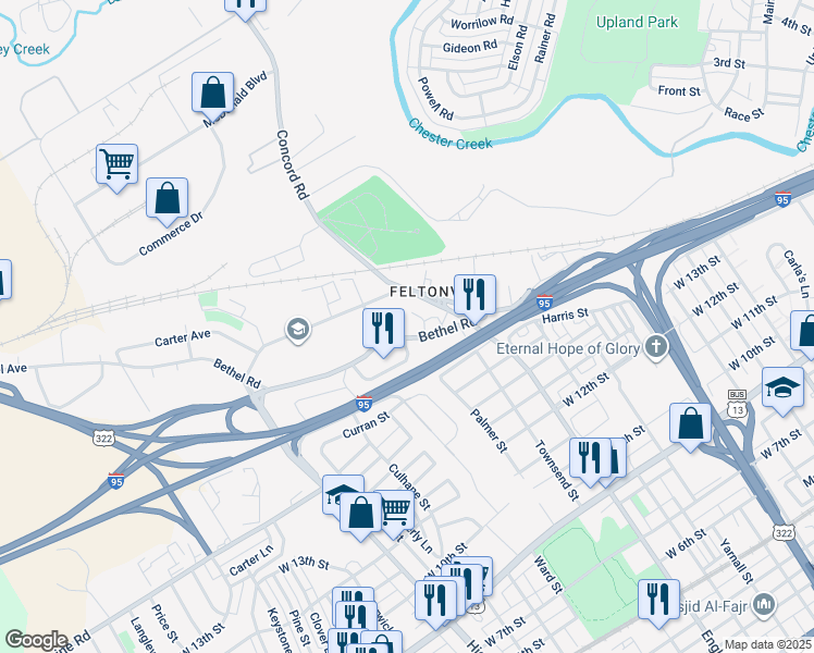 map of restaurants, bars, coffee shops, grocery stores, and more near 2410 Bethel Road in Chester