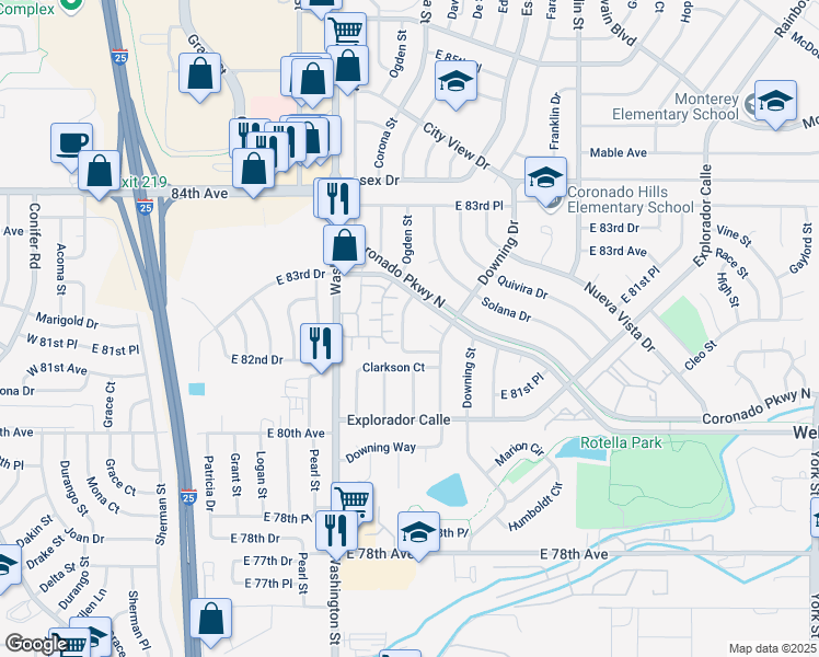 map of restaurants, bars, coffee shops, grocery stores, and more near 980 Coronado Parkway South in Thornton