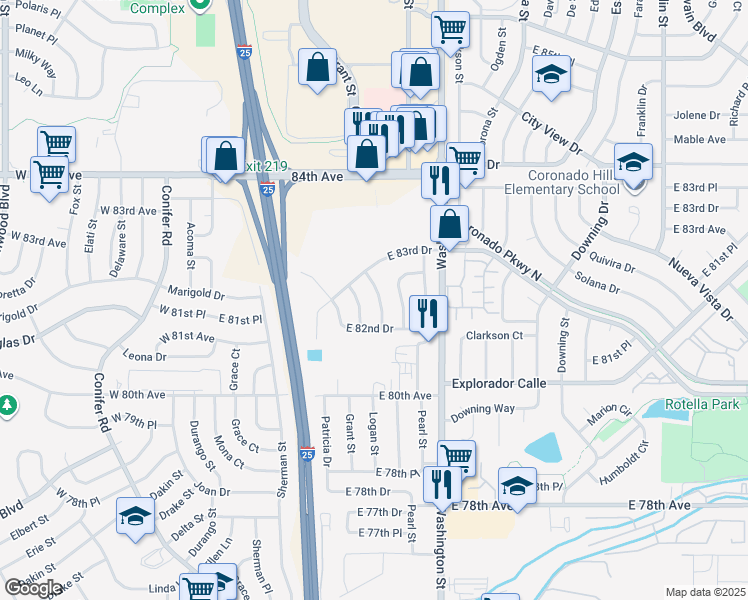 map of restaurants, bars, coffee shops, grocery stores, and more near 8145 Pennsylvania Street in Denver