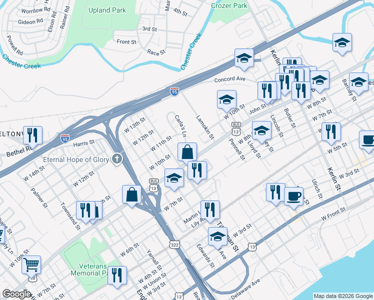 map of restaurants, bars, coffee shops, grocery stores, and more near 1402 West 9th Street in Chester