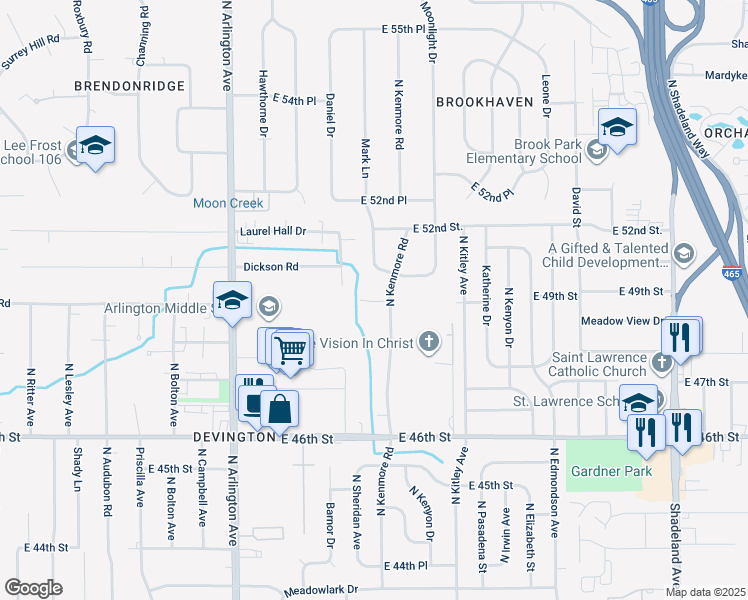 map of restaurants, bars, coffee shops, grocery stores, and more near 6231 Radnor Road in Indianapolis
