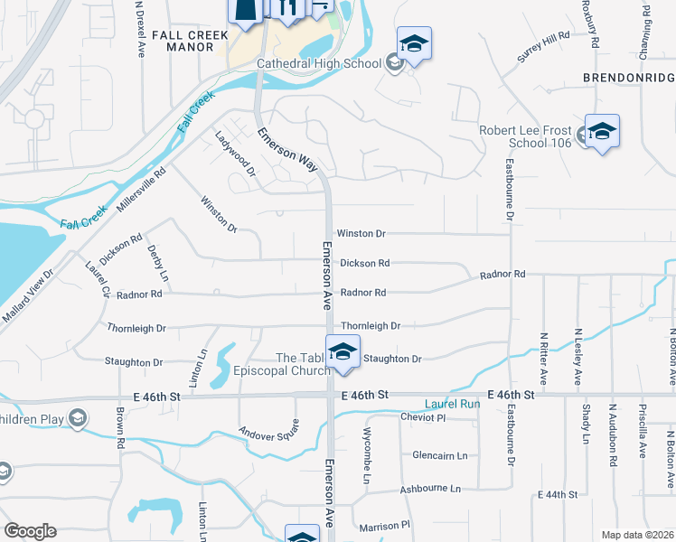 map of restaurants, bars, coffee shops, grocery stores, and more near 5102 Radnor Road in Indianapolis