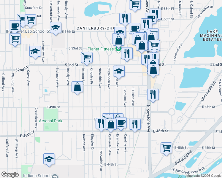 map of restaurants, bars, coffee shops, grocery stores, and more near 5016 Evanston Avenue in Indianapolis