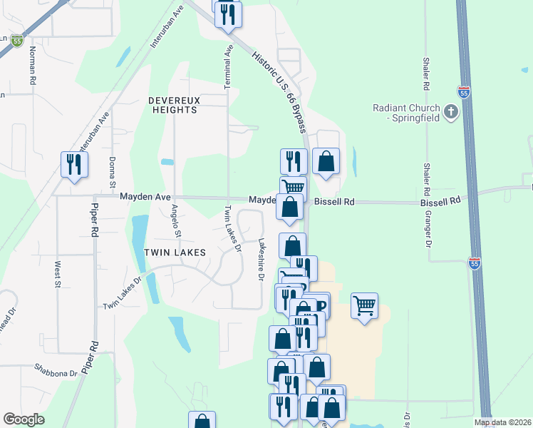 map of restaurants, bars, coffee shops, grocery stores, and more near 3125 Lakeshire Drive in Springfield