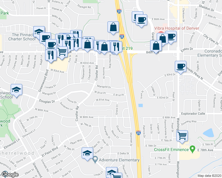 map of restaurants, bars, coffee shops, grocery stores, and more near 20 East Marigold Drive in Denver