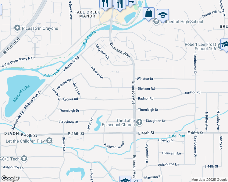 map of restaurants, bars, coffee shops, grocery stores, and more near 4709 Dickson Road in Indianapolis