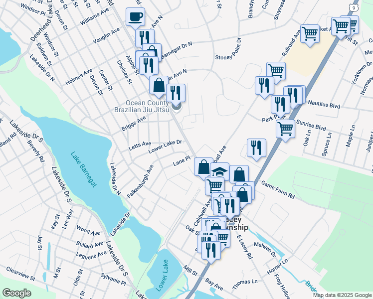 map of restaurants, bars, coffee shops, grocery stores, and more near 211 Lacey Road in Lacey Township