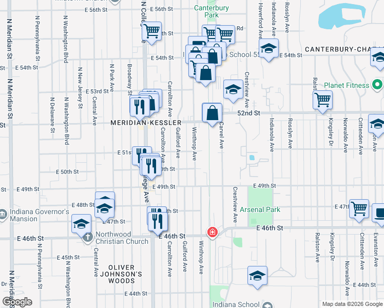 map of restaurants, bars, coffee shops, grocery stores, and more near 5016 Winthrop Avenue in Indianapolis