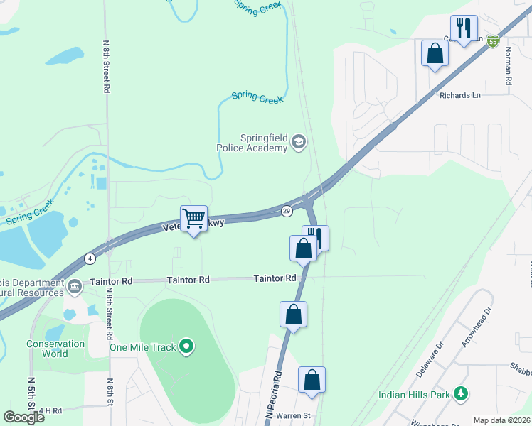 map of restaurants, bars, coffee shops, grocery stores, and more near 3200 North Peoria Road in Springfield