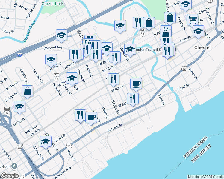 map of restaurants, bars, coffee shops, grocery stores, and more near 616 West 5th Street in Chester