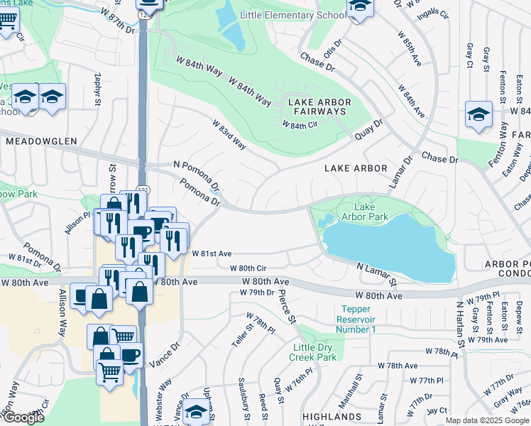 map of restaurants, bars, coffee shops, grocery stores, and more near 6058 Quay Ct in Arvada