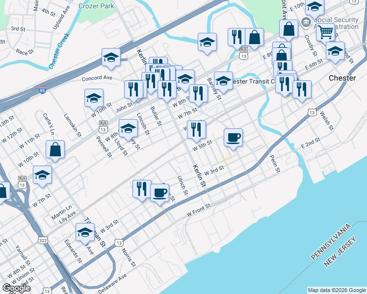 map of restaurants, bars, coffee shops, grocery stores, and more near 353 Kerlin Street in Chester