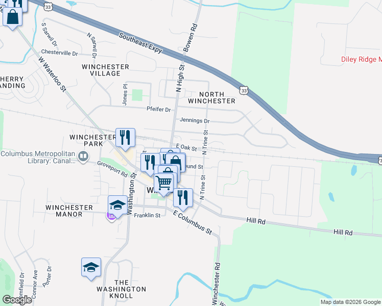 map of restaurants, bars, coffee shops, grocery stores, and more near 100 North Trine Street in Canal Winchester